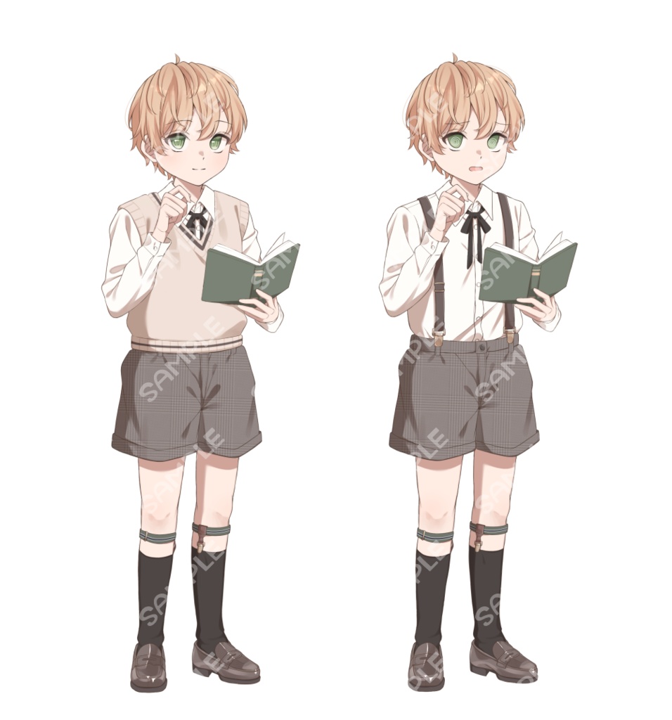 【無料版あり】立ち絵素材03_本を読む少年_サスペンダー_ニットベスト