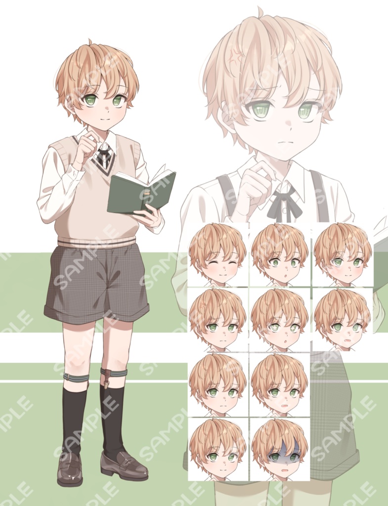 【無料版あり】立ち絵素材03_本を読む少年_サスペンダー_ニットベスト