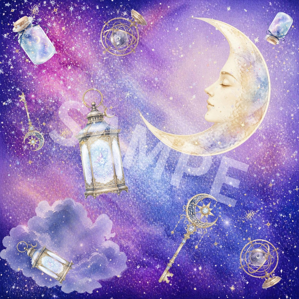幻想的な月夜のデジタルペーパー|水彩風2枚セット|Mystical Moonlit Night