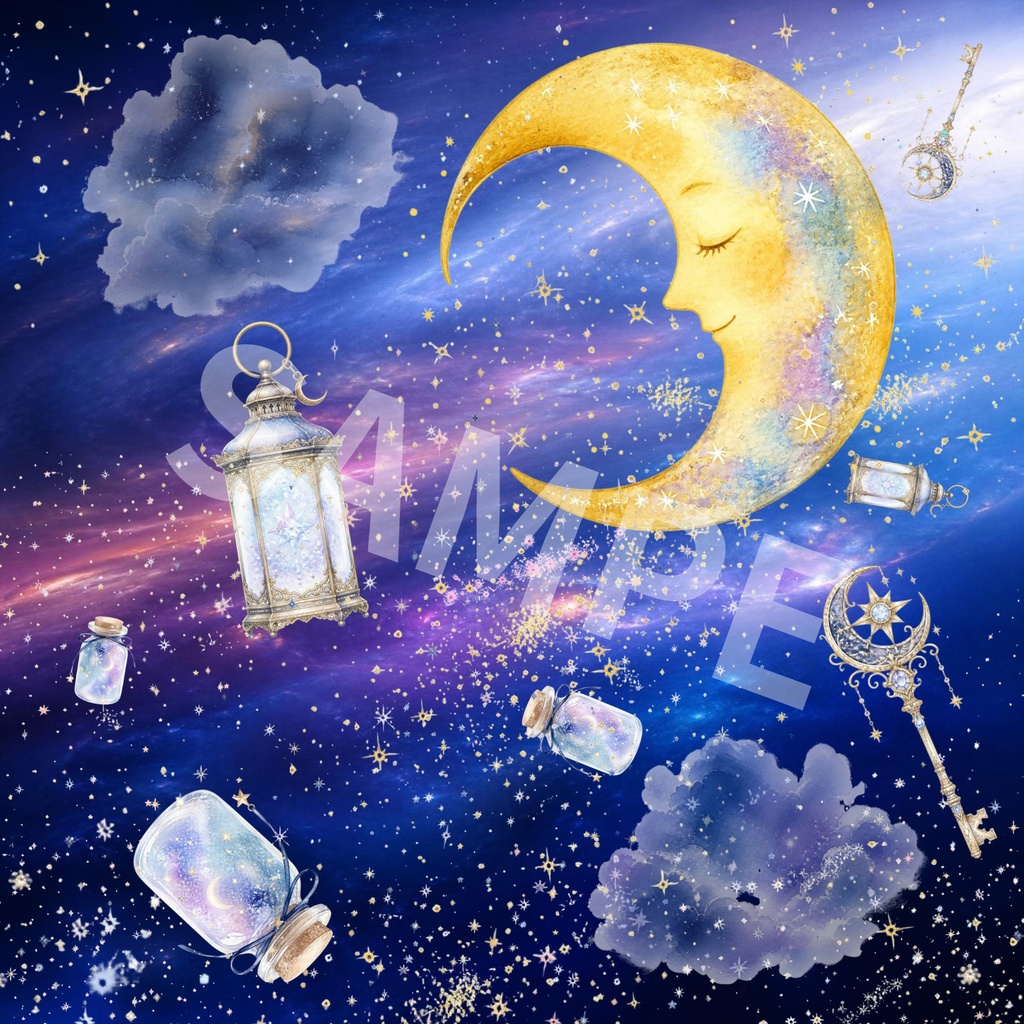 幻想的な月夜のデジタルペーパー|水彩風2枚セット|Mystical Moonlit Night