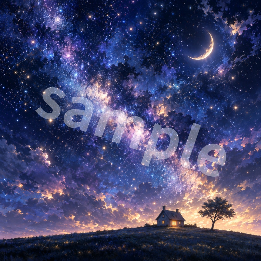 星降る丘の小さな家|夜・夕暮れ・昼の幻想風景 デジタルペーパー3枚セット