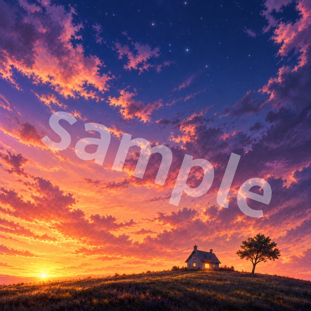 星降る丘の小さな家|夜・夕暮れ・昼の幻想風景 デジタルペーパー3枚セット