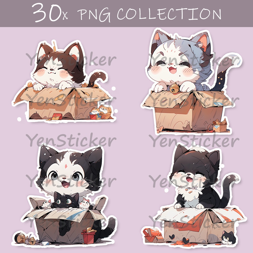 Cute digital design for sticker bundle (30P), Kitten sitting in a box - かわいいデジタルデザインステッカーバンドル（30P）、箱の中に座っている子猫