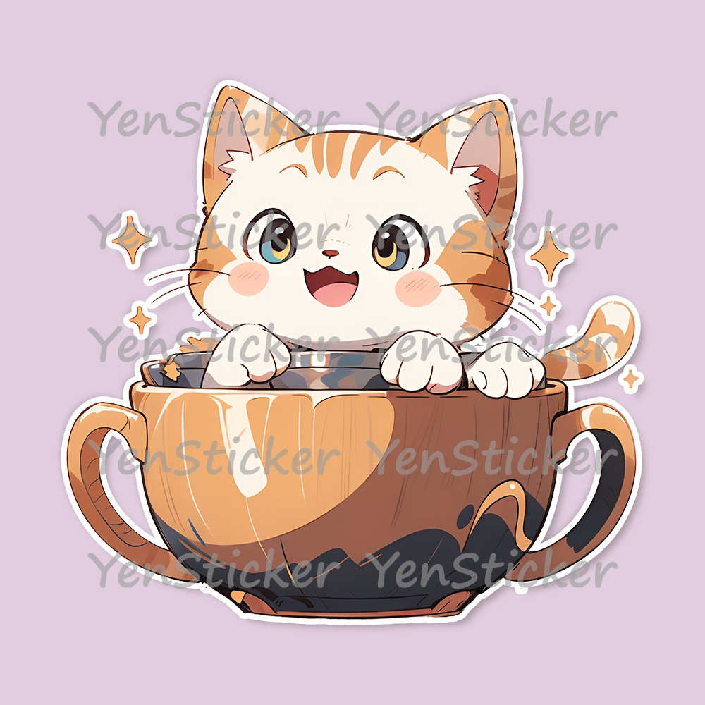 Cute digital design for sticker bundle (20P), Kitten sitting in a bowl - かわいいデジタルデザインステッカーバンドル(20P)、ボウルに座っている子猫