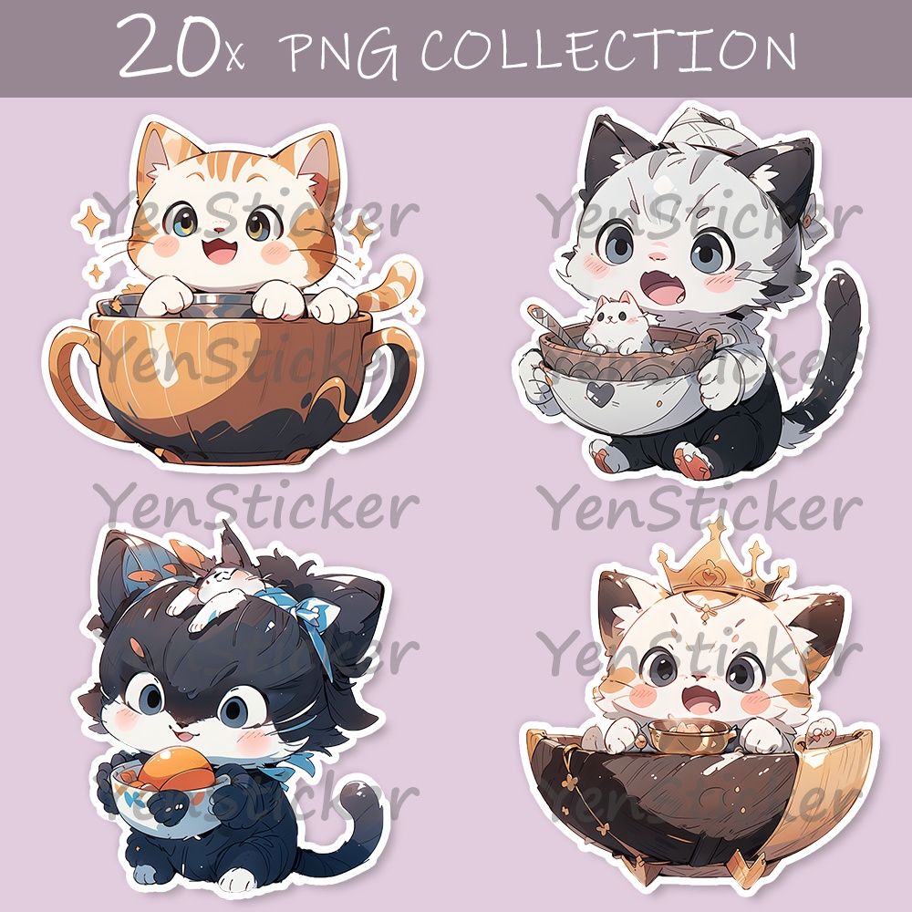 Cute digital design for sticker bundle (20P), Kitten sitting in a bowl - かわいいデジタルデザインステッカーバンドル(20P)、ボウルに座っている子猫