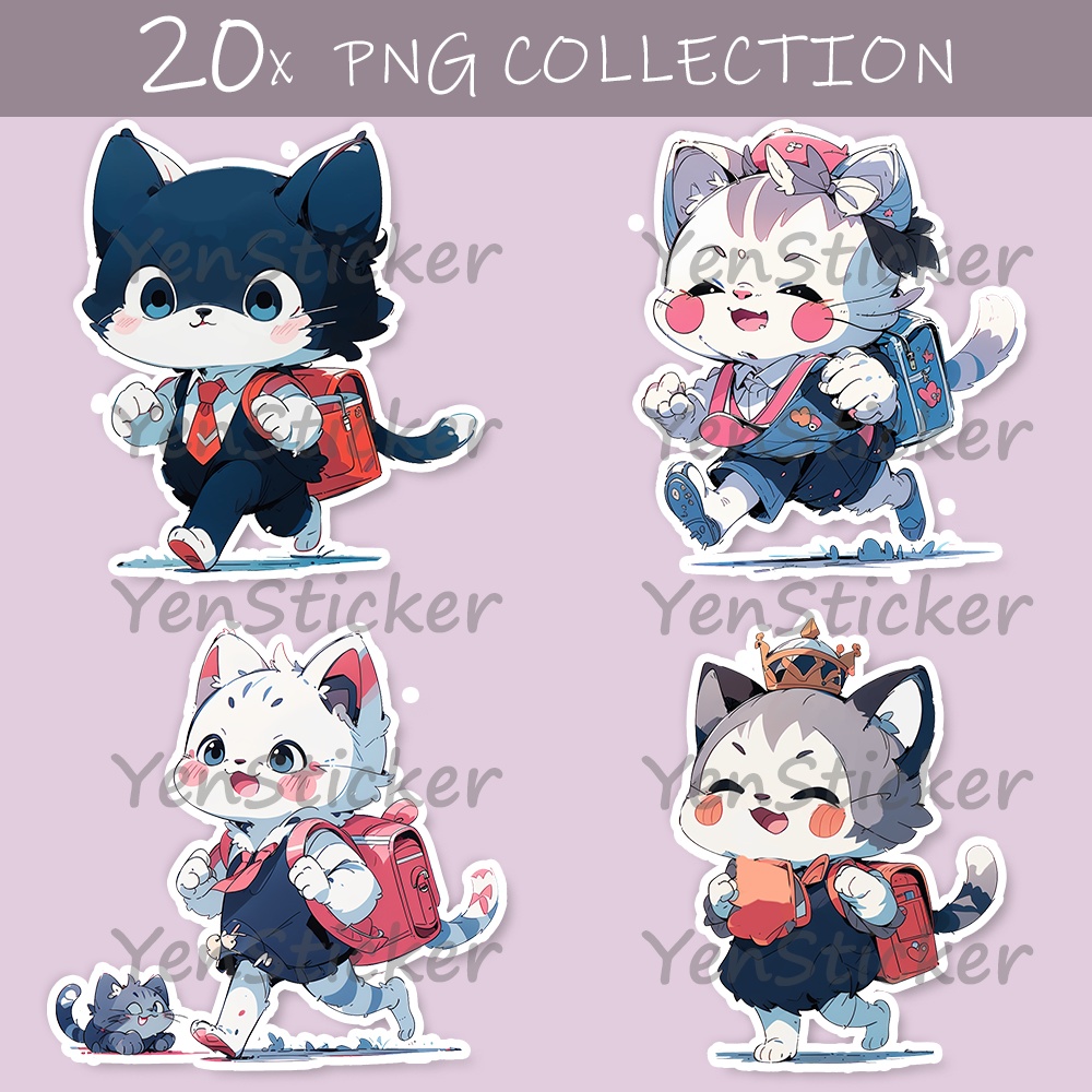 Cute digital design for sticker bundle (20P), Kitten go to school  - かわいいデジタルデザインステッカーバンドル（20P）、子猫が学校に行く