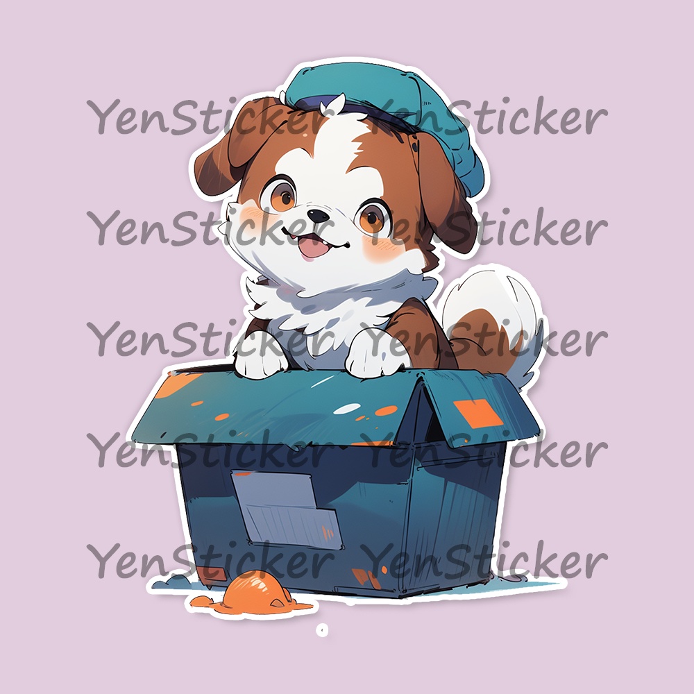 Cute digital design for sticker bundle (30P), Puppy sitting in a box - かわいいデジタルデザインステッカーバンド箱の中に座っている子犬