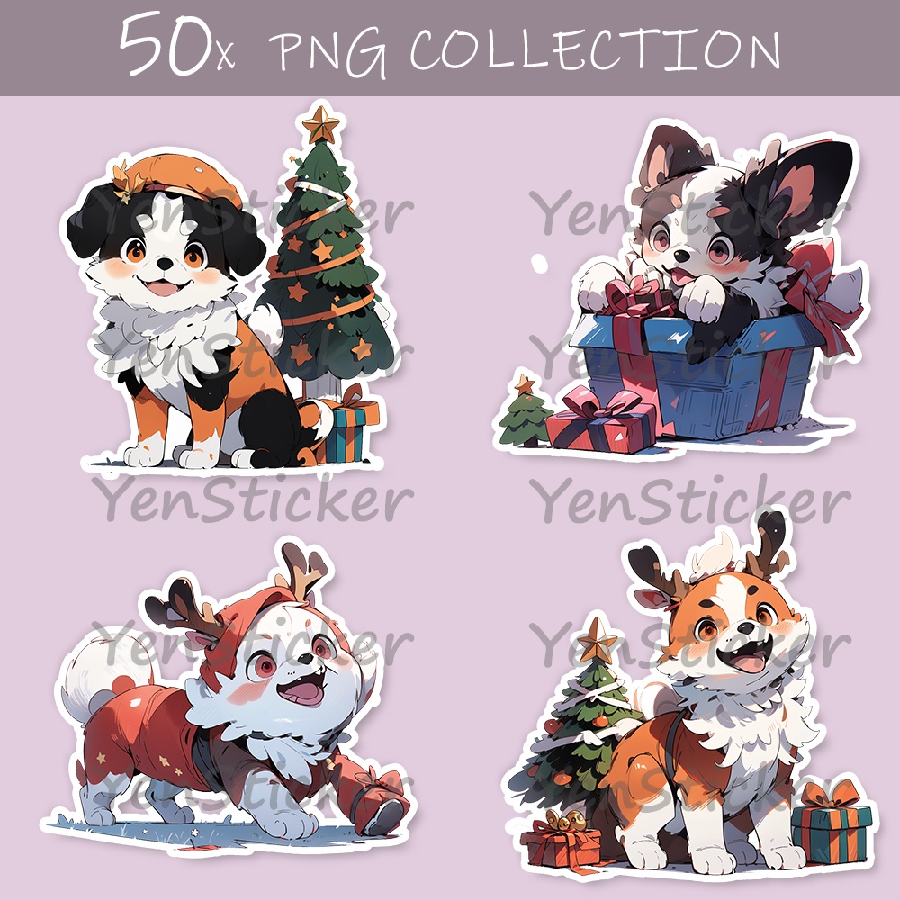 Cute digital design for sticker bundle (50P), Puppy and Christmas -  かわいいデジタルデザインステッカーバンドル（50P）、子犬とクリスマス