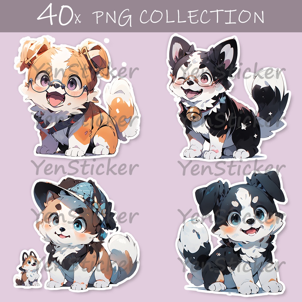 Cute digital design for sticker bundle (40P), Puppy sitting - かわいいデジタルデザインステッカーバンドル（40P）、座っている子犬