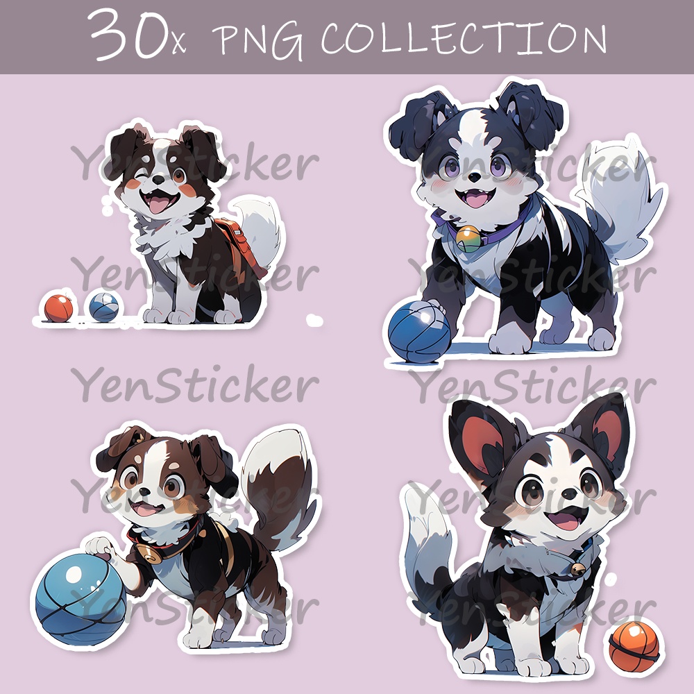 Cute digital design for sticker bundle (30P), Puppy plays ball - かわいいデジタルデザインステッカーバンドル(30P)、子犬がボールで遊ぶ