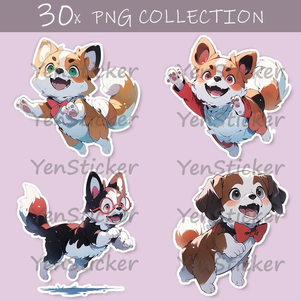 Cute digital design for sticker bundle (30P), Puppy jumping - かわいいデジタルデザインステッカーバンドル(30P)、ジャンプする子犬