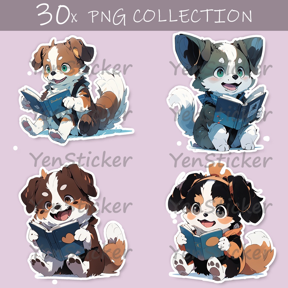 Cute digital design for sticker bundle (30P), Puppy reading - かわいいデジタルデザインステッカーバンドル（30P）、子犬の読書