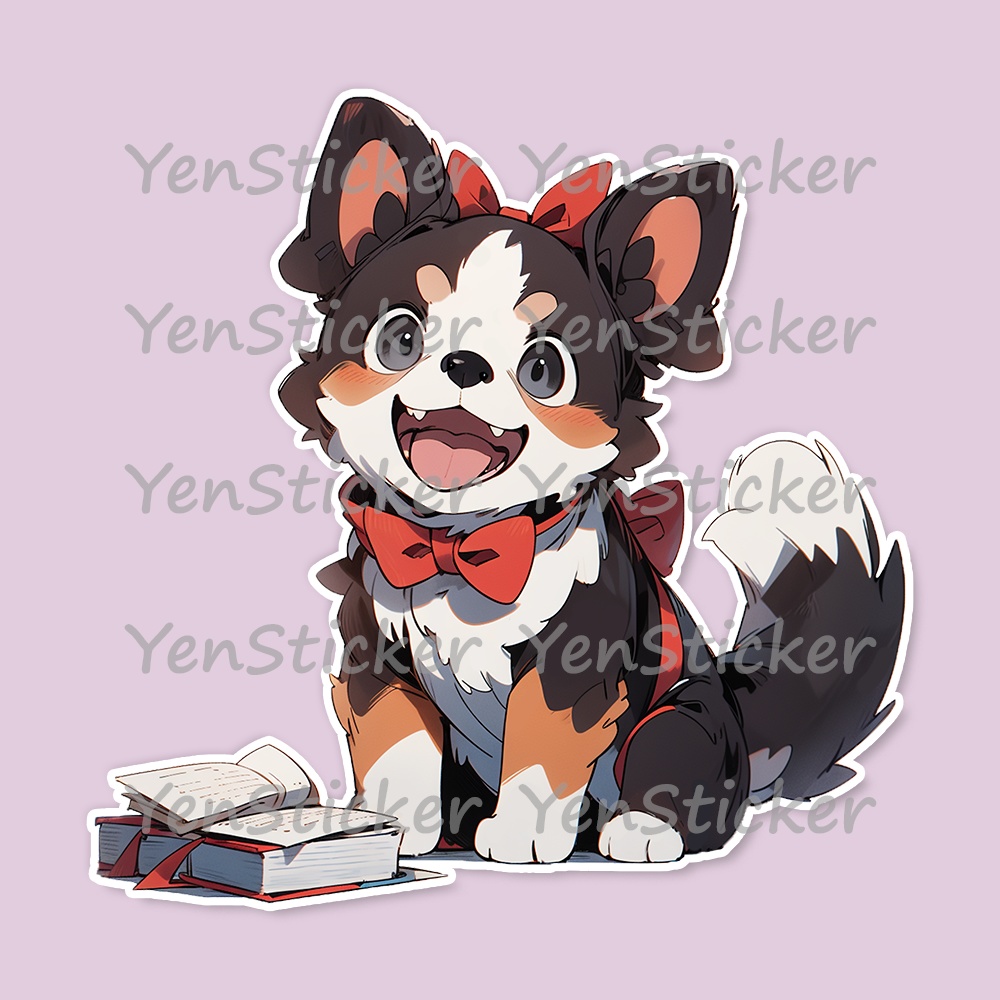 Cute digital design for sticker bundle (30P), Puppy reading - かわいいデジタルデザインステッカーバンドル(30P)、子犬の読書