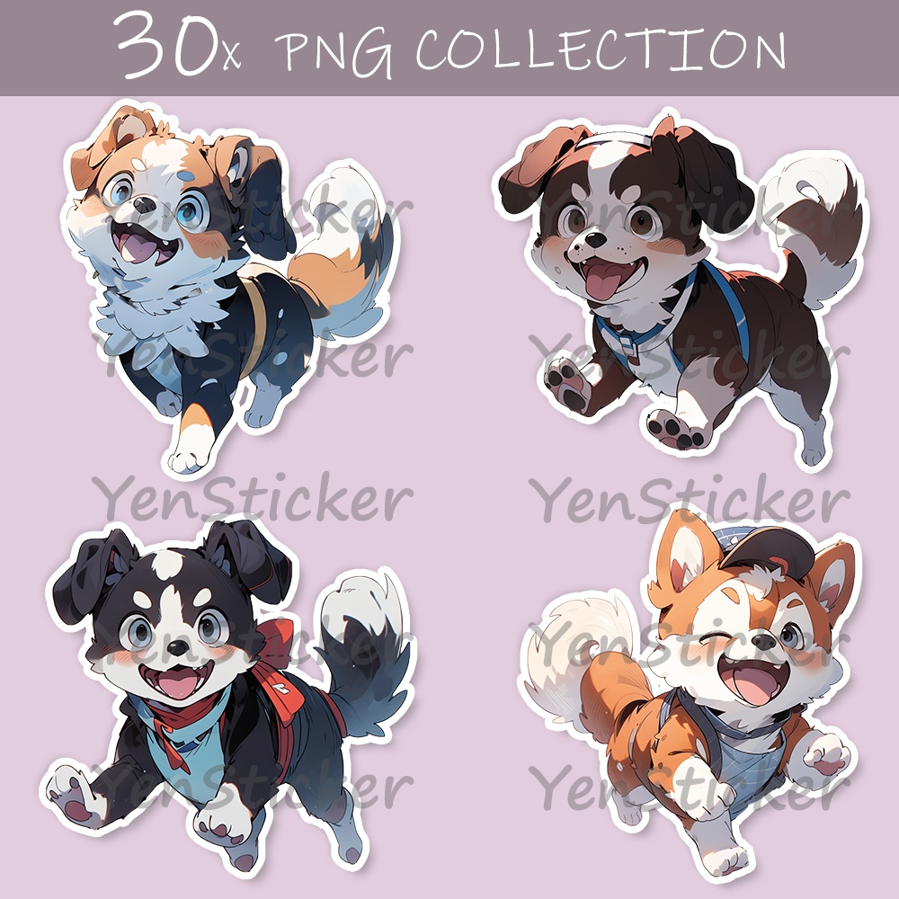 Cute digital design for sticker bundle (30P), Puppy running - かわいいデジタルデザインステッカーバンドル（30P）、走っている子犬