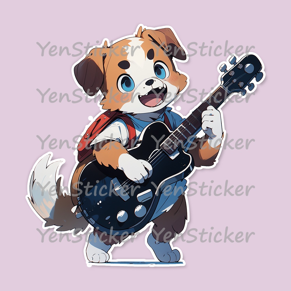 Cute digital design for sticker bundle (20P), Puppy playing guitar - かわいいデジタルデザインステッカーバンドル(20P)、ギターを弾く子犬