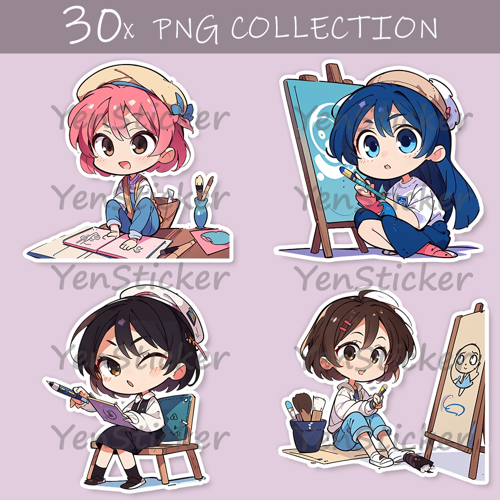 Cute digital design for sticker bundle (30P), Little girl painting- かわいいデジタルデザインステッカーバンドル（30P）、絵を描く少女