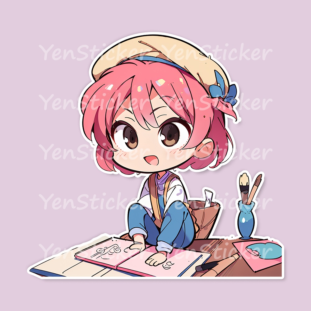 Cute digital design for sticker bundle (30P), Little girl painting- かわいいデジタルデザインステッカーバンドル(30P)、絵を描く少女