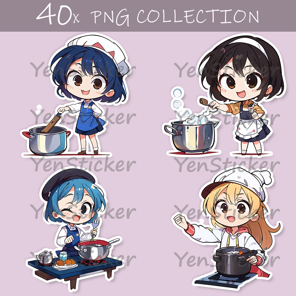 Cute digital design for sticker bundle (40P), Little girl cooking - かわいいデジタルデザインステッカーバンドル（40P）、料理をする小さな女の子