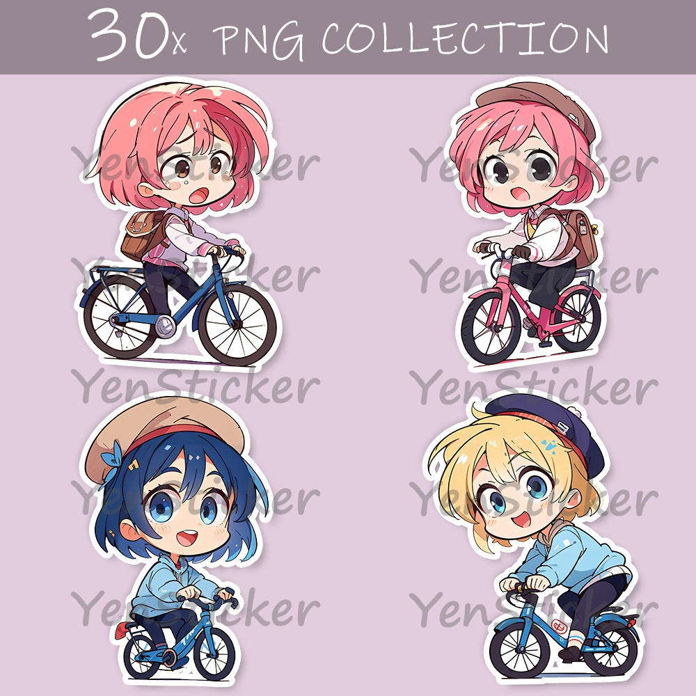 Cute digital design for sticker bundle (30P), Little girl cycling- かわいいデジタルデザインステッカーバンドル（30P）、サイクリングする小さな女の子