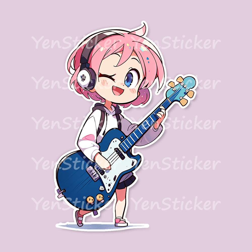 Cute digital design for sticker bundle (40P), Little girl playing guitar - かわいいデジタルデザインステッカーバンドル(40P)、ギターを弾く少女