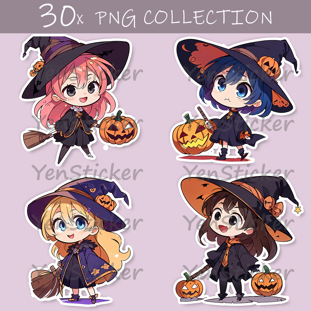 Cute digital design for sticker bundle (30P), Little girl and Halloween - かわいいデジタルデザインステッカーバンドル（30P）、小さな女の子とハロウィン
