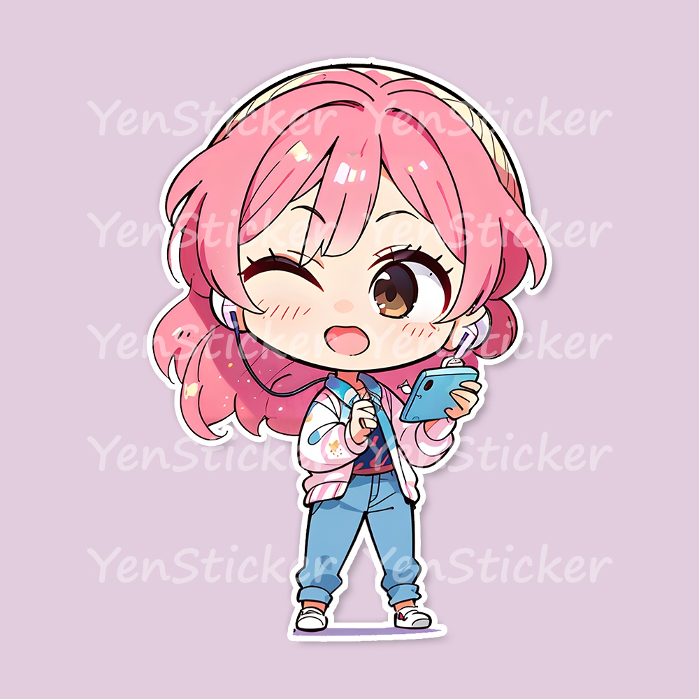 Cute digital design for sticker bundle (40P), Little girl listens to music- かわいいデジタルデザインステッカーバンドル(40P)、小さな女の子は音楽を聴きます