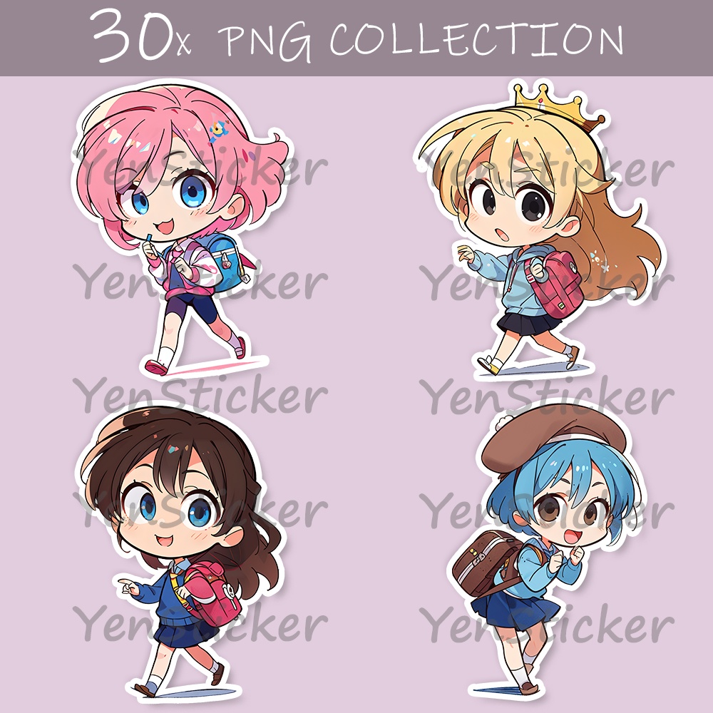 Cute digital design for sticker bundle (30P), Little girl going to school- かわいいデジタルデザインステッカーバンドル(30P)、学校に行く小さな女の子