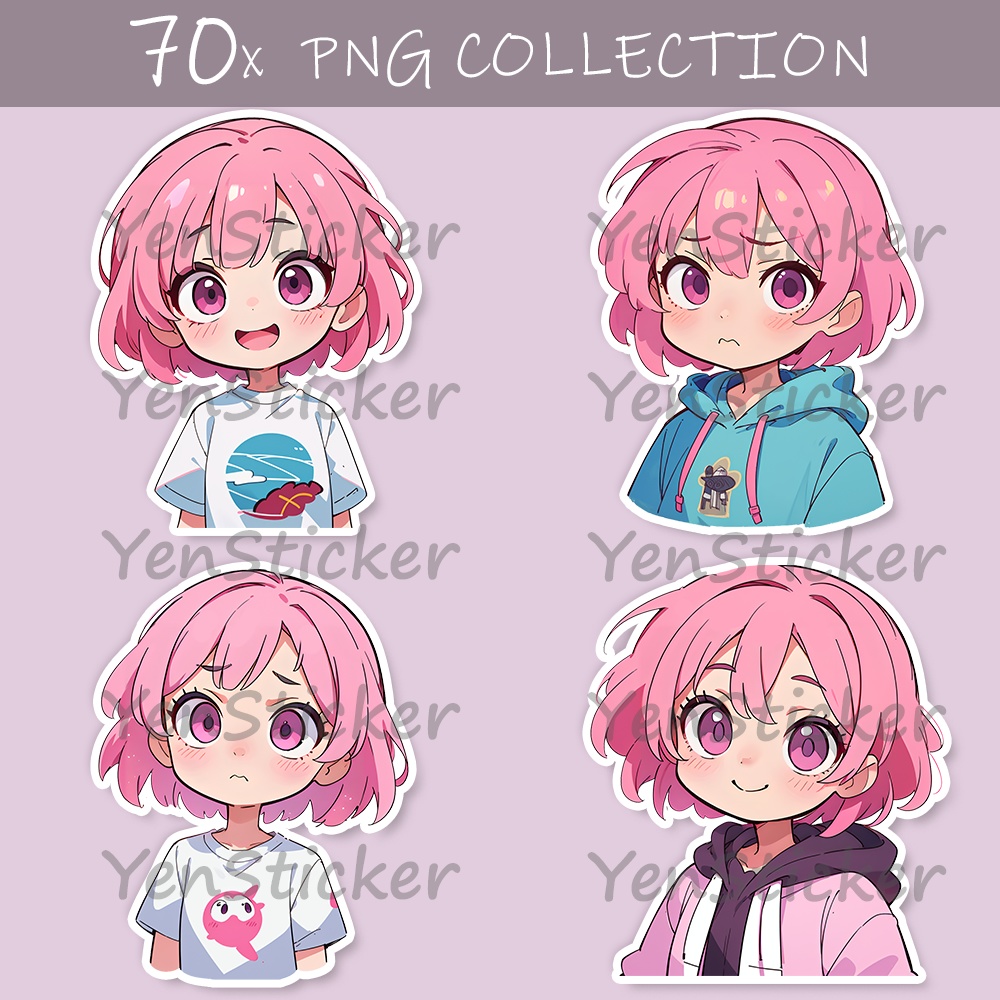 Cute digital design for sticker bundle (60P), Pink girl- かわいいデジタルデザインステッカーバンドル（60P）、ピンクの女の子