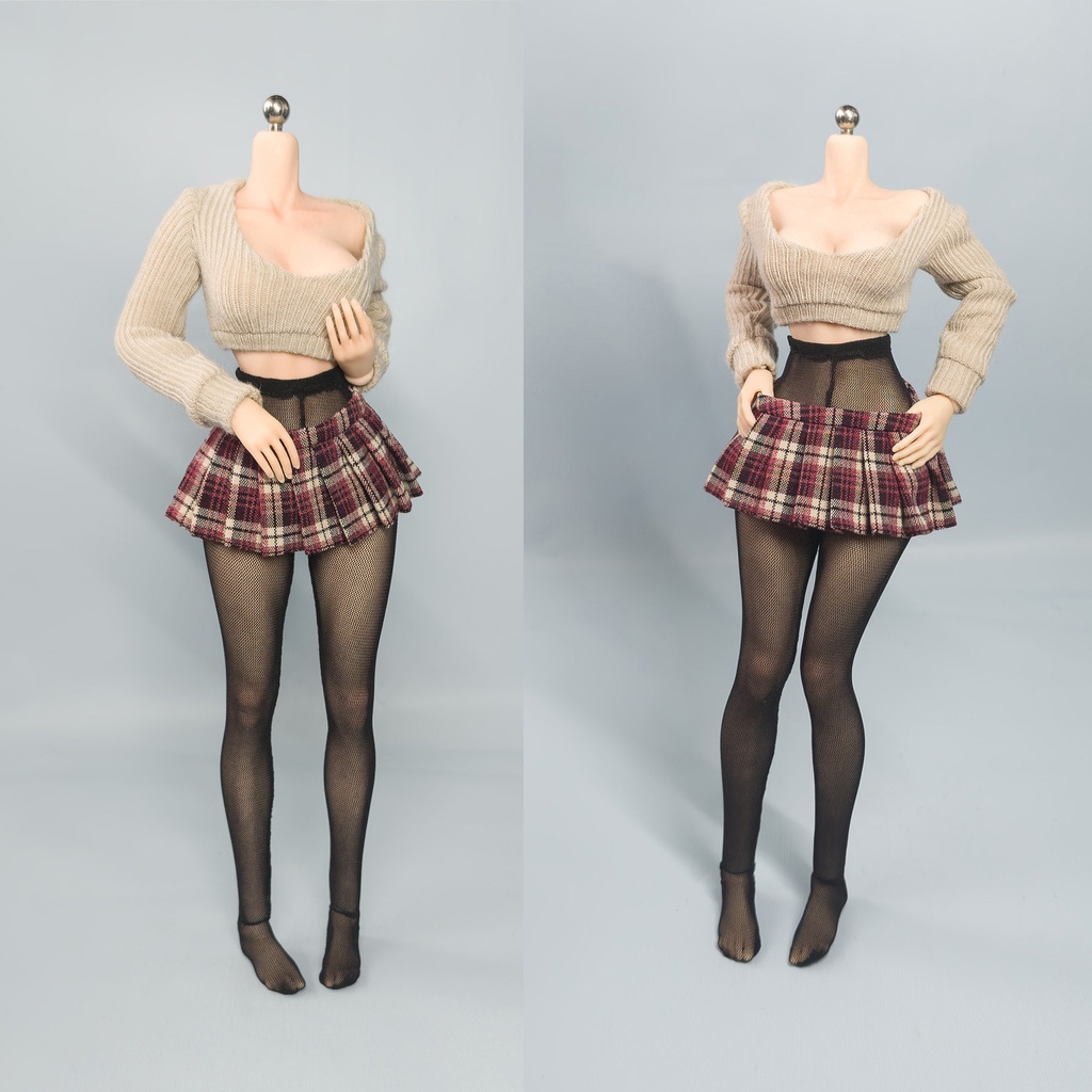 1/6ドール服　30cmドール用　ワイドリブトップス　ミニスカート　黒網タイツ　オビツ27　チェック柄