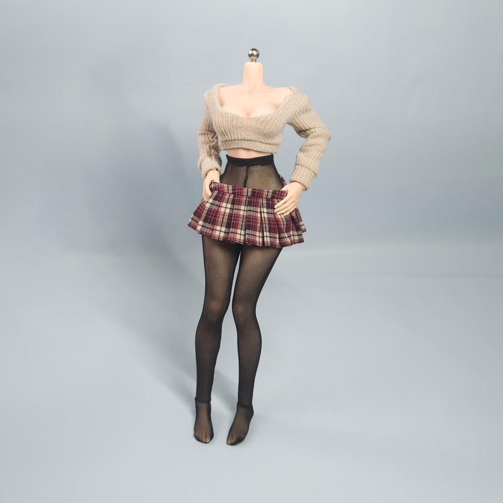 1/6ドール服　30cmドール用　ワイドリブトップス　ミニスカート　黒網タイツ　オビツ27　チェック柄