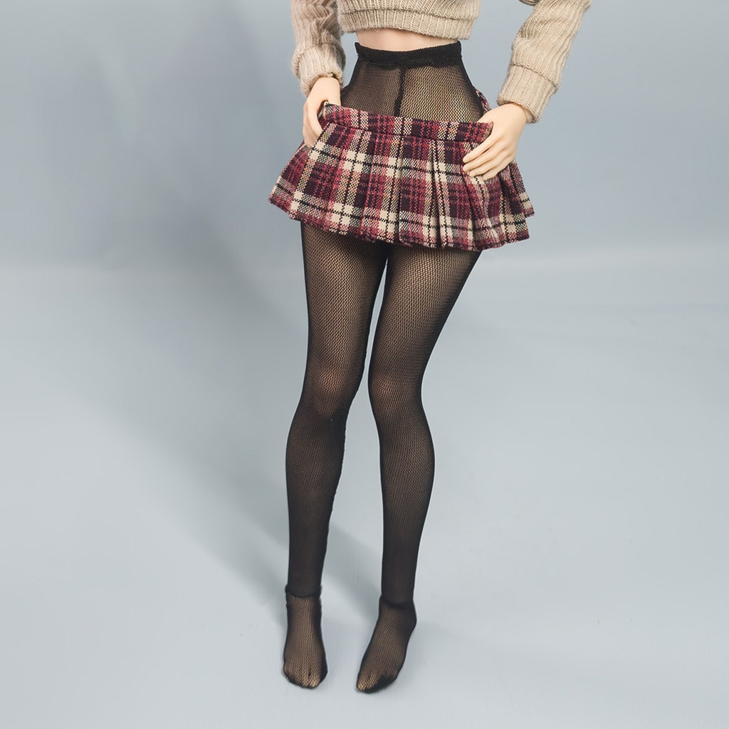 1/6ドール服　30cmドール用　ワイドリブトップス　ミニスカート　黒網タイツ　オビツ27　チェック柄