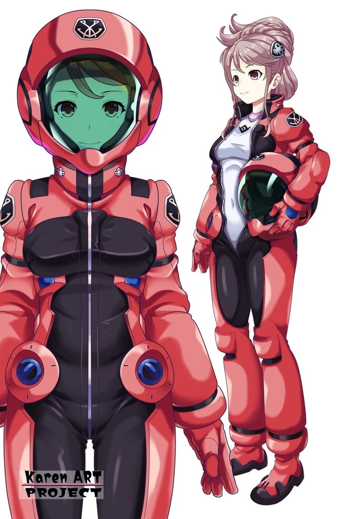 カレンちゃん+アイーダ・スルガンのノーマルスーツ【正面アングル】メッシーバンヘア【完成版】 (ガンダム Gのレコンギスタ) Karen+AIDA SURUGAN Normal Suit,Front,Messy Bun Hair Style,Complete version( G's Reconguista)