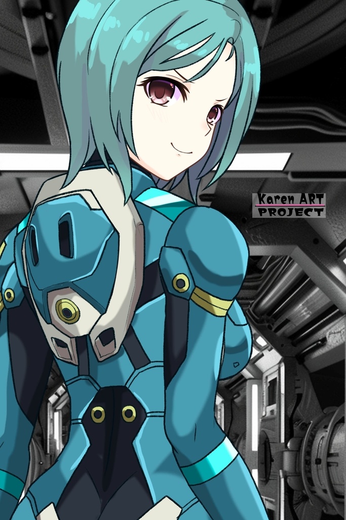 カレンちゃん+エウレカのA.C.I.D.パイロットスーツ(襲撃用)【交響詩篇エウレカセブン06】背面アングル Karen is wearing EUREKA's A.C.I.D. Pilot Suit(For assault)【EUREKA SEVEN HI-EVOLUTION06】Back Angle