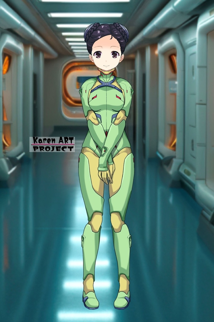 ゆりちゃん+スーパー6のラ・ラ・ランドのA.C.I.D.パイロットスーツ(ラブレス搭乗用)【交響詩篇エウレカセブン02】正面アングル Yuri is wearing a member of Super6,La La Land's A.C.I.D. Pilot Suit【EUREKA SEVEN HI-EVOLUTION02】Front Angle