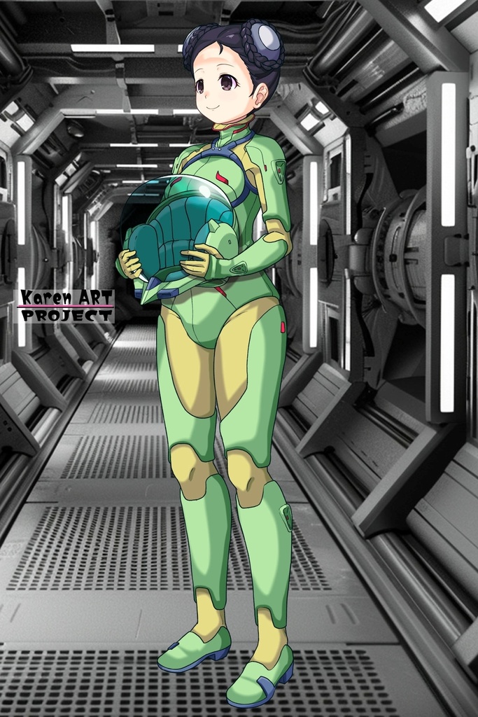 ゆりちゃん+スーパー6のラ・ラ・ランドのA.C.I.D.パイロットスーツ(ラブレス搭乗用)【交響詩篇エウレカセブン03】斜め前アングル Yuri is wearing a member of Super6,La La Land's Pilot Suit【EUREKA SEVEN HI-EVOLUTION】Diagonal front angle