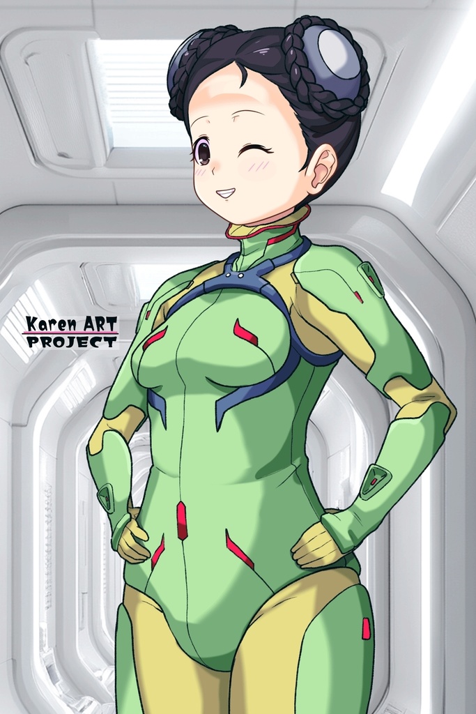 ゆりちゃん+スーパー6のラ・ラ・ランドのA.C.I.D.パイロットスーツ(ラブレス搭乗用)【交響詩篇エウレカセブン03】斜め前アングル Yuri is wearing a member of Super6,La La Land's Pilot Suit【EUREKA SEVEN HI-EVOLUTION】Diagonal front angle