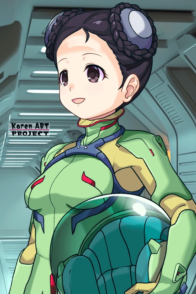 ゆりちゃん+スーパー6のラ・ラ・ランドのA.C.I.D.パイロットスーツ(ラブレス搭乗用)【交響詩篇エウレカセブン03】斜め前アングル Yuri is wearing a member of Super6,La La Land's Pilot Suit【EUREKA SEVEN HI-EVOLUTION】Diagonal front angle