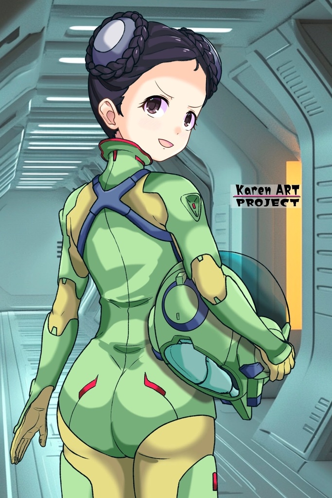 ゆりちゃん+スーパー6のラ・ラ・ランドのA.C.I.D.パイロットスーツ(ラブレス搭乗用)【交響詩篇エウレカセブン04】背面アングル Yuri is wearing a member of Super6,La La Land's A.C.I.D. Pilot Suit【EUREKA SEVEN HI-EVOLUTION04】Back Angle