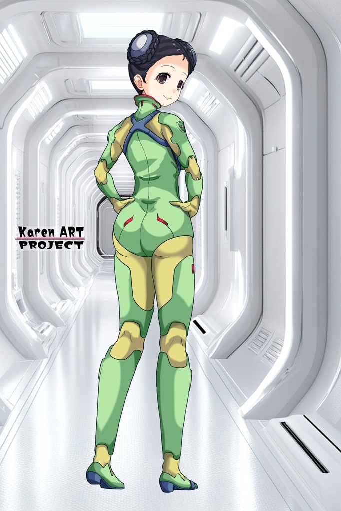 ゆりちゃん+スーパー6のラ・ラ・ランドのA.C.I.D.パイロットスーツ(ラブレス搭乗用)【交響詩篇エウレカセブン04】背面アングル Yuri is wearing a member of Super6,La La Land's A.C.I.D. Pilot Suit【EUREKA SEVEN HI-EVOLUTION04】Back Angle