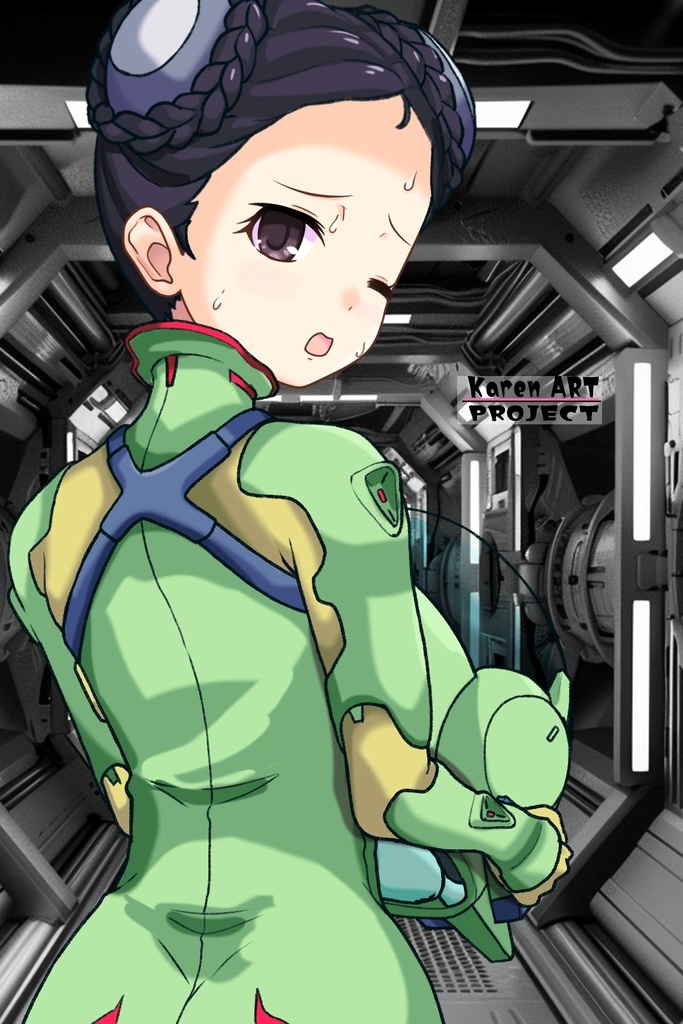 ゆりちゃん+スーパー6のラ・ラ・ランドのA.C.I.D.パイロットスーツ(ラブレス搭乗用)【交響詩篇エウレカセブン04】背面アングル Yuri is wearing a member of Super6,La La Land's A.C.I.D. Pilot Suit【EUREKA SEVEN HI-EVOLUTION04】Back Angle