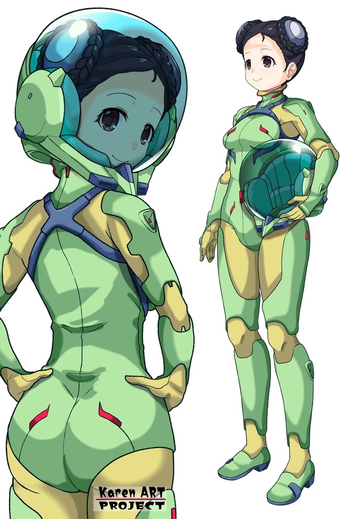 ゆりちゃん+スーパー6のラ・ラ・ランドのA.C.I.D.パイロットスーツ(ラブレス搭乗用)【交響詩篇エウレカセブン04】背面アングル Yuri is wearing a member of Super6,La La Land's A.C.I.D. Pilot Suit【EUREKA SEVEN HI-EVOLUTION04】Back Angle