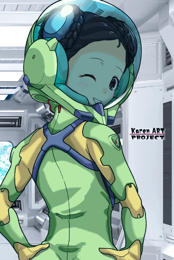 ゆりちゃん+スーパー6のラ・ラ・ランドのA.C.I.D.パイロットスーツ(ラブレス搭乗用)【交響詩篇エウレカセブン04】背面アングル Yuri is wearing a member of Super6,La La Land's A.C.I.D. Pilot Suit【EUREKA SEVEN HI-EVOLUTION04】Back Angle