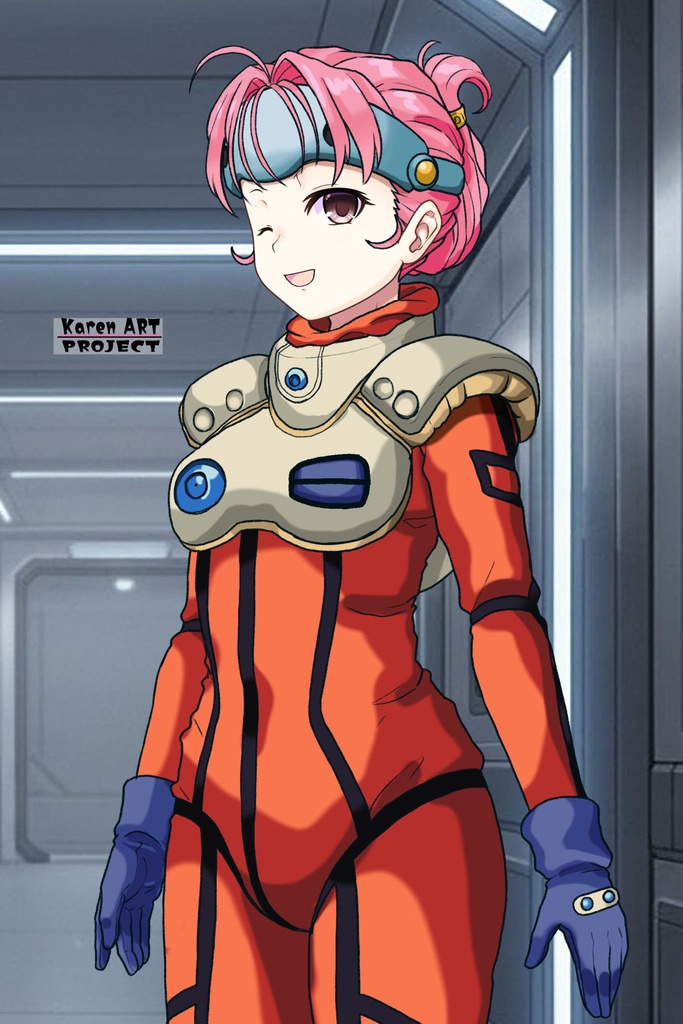 カレンちゃん+ミレーヌ・ジーナスのパイロットスーツ【マクロス7-02】 斜め前 Diagonal front angle Karen is wearing Mylene Flare Jenius's PilotSuit【MACROSS7-02】