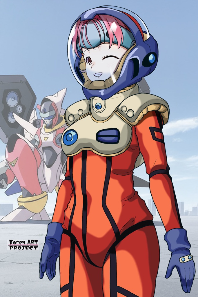カレンちゃん+ミレーヌ・ジーナスのパイロットスーツ【マクロス7-02】 斜め前 Diagonal front angle Karen is wearing Mylene Flare Jenius's PilotSuit【MACROSS7-02】