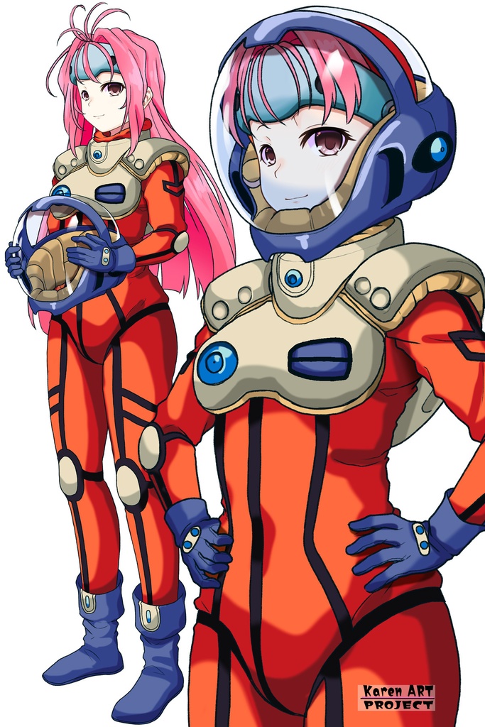 カレンちゃん+ミレーヌ・ジーナスのパイロットスーツ【マクロス7-06】 斜め前 Diagonal front angle ロングヘア Long HairStyle Karen is wearing Mylene Flare Jenius's PilotSuit【MACROSS7-06】