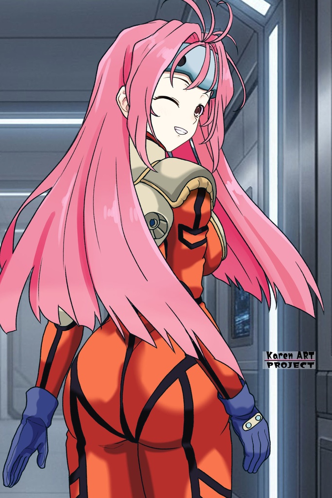 カレンちゃん+ミレーヌ・ジーナスのパイロットスーツ【マクロス7-07】 背面 Back Angle ロングヘア Long HairStyle Karen is wearing Mylene Flare Jenius's PilotSuit【MACROSS7-07】