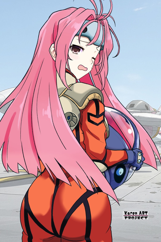 カレンちゃん+ミレーヌ・ジーナスのパイロットスーツ【マクロス7-07】 背面 Back Angle ロングヘア Long HairStyle Karen is wearing Mylene Flare Jenius's PilotSuit【MACROSS7-07】