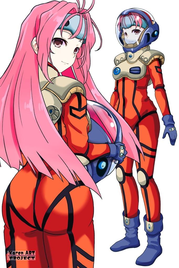 カレンちゃん+ミレーヌ・ジーナスのパイロットスーツ【マクロス7-07】 背面 Back Angle ロングヘア Long HairStyle Karen is wearing Mylene Flare Jenius's PilotSuit【MACROSS7-07】