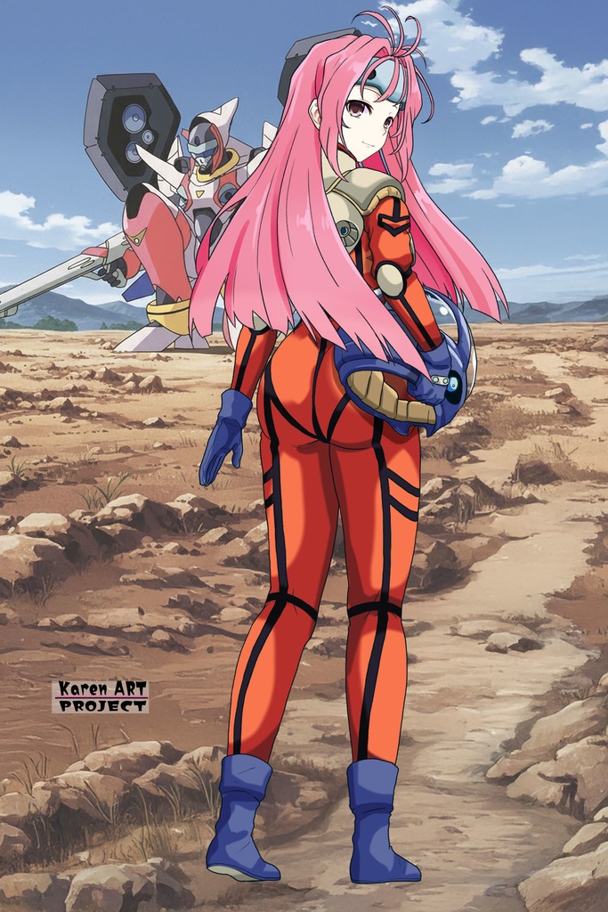 カレンちゃん+ミレーヌ・ジーナスのパイロットスーツ【マクロス7-07】 背面 Back Angle ロングヘア Long HairStyle Karen is wearing Mylene Flare Jenius's PilotSuit【MACROSS7-07】