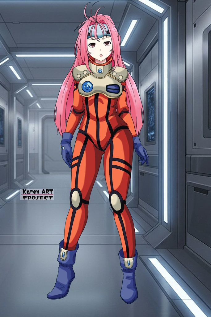 カレンちゃん+ミレーヌ・ジーナスのパイロットスーツ【マクロス7-08】 正面Sポーズ Front S-POSE ロングヘア Long HairStyle Karen is wearing Mylene Flare Jenius's PilotSuit【MACROSS7-08】